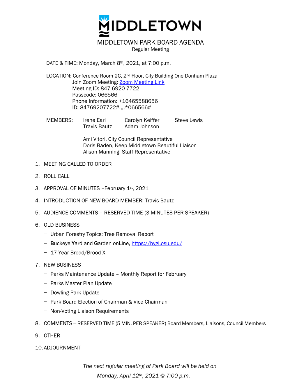 MIDDLETOWN PARK BOARD AGENDA Regular Meeting