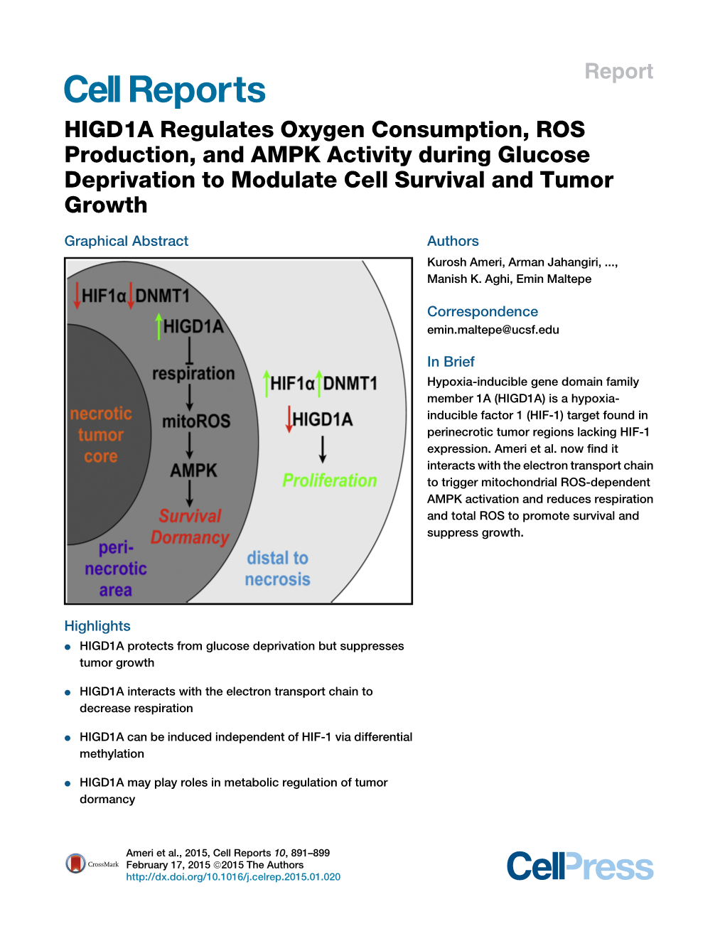 HIGD1A Regulates Oxygen Consumption, ROS Production, and AMPK Activity During Glucose Deprivation to Modulate Cell Survival and Tumor Growth