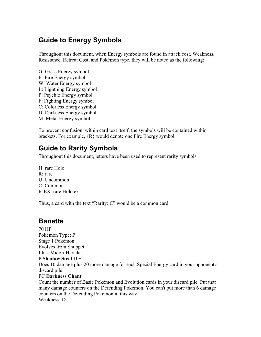 Guide to Energy Symbols Guide to Rarity Symbols Banette