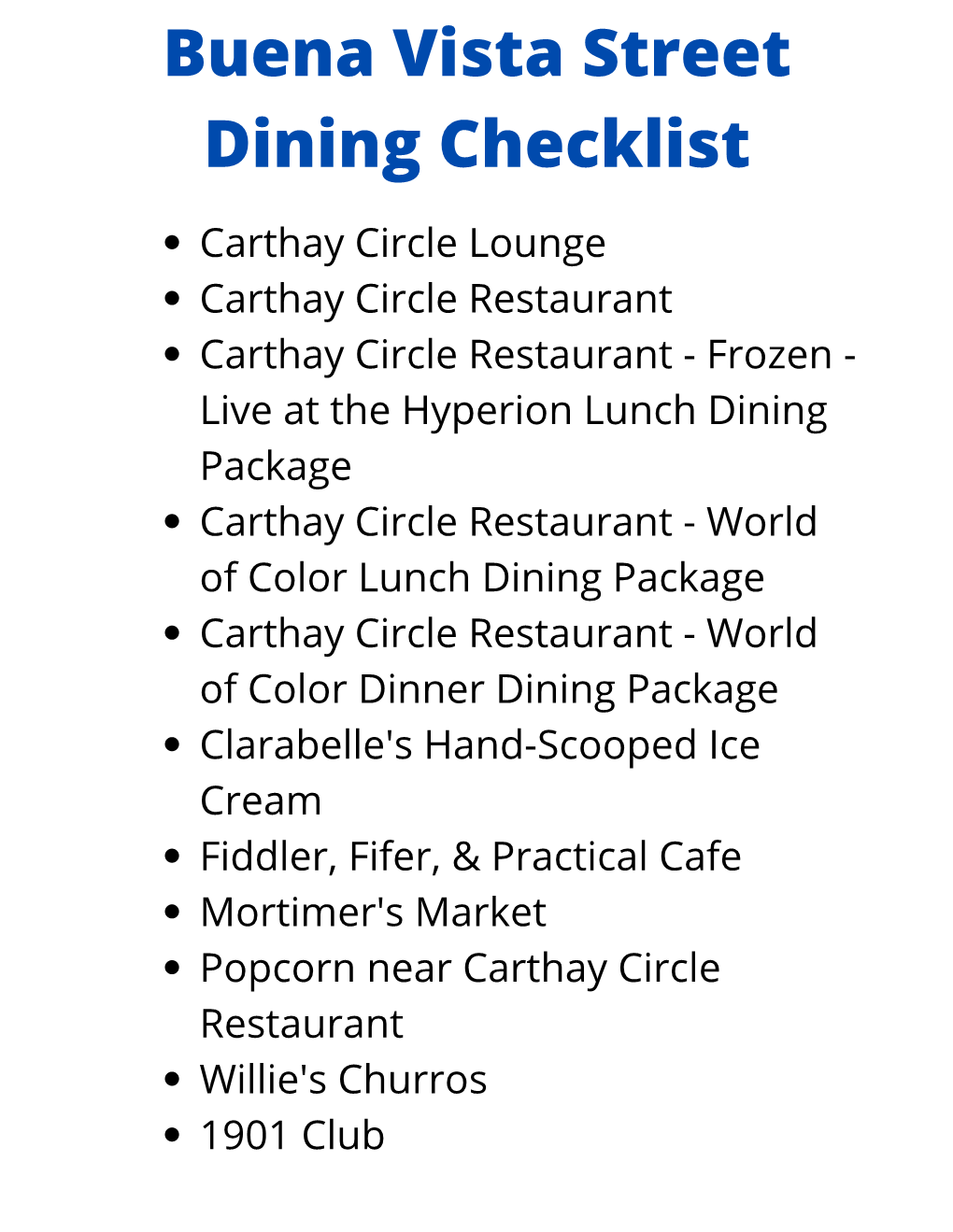 Main Street, USA Dining Checklist