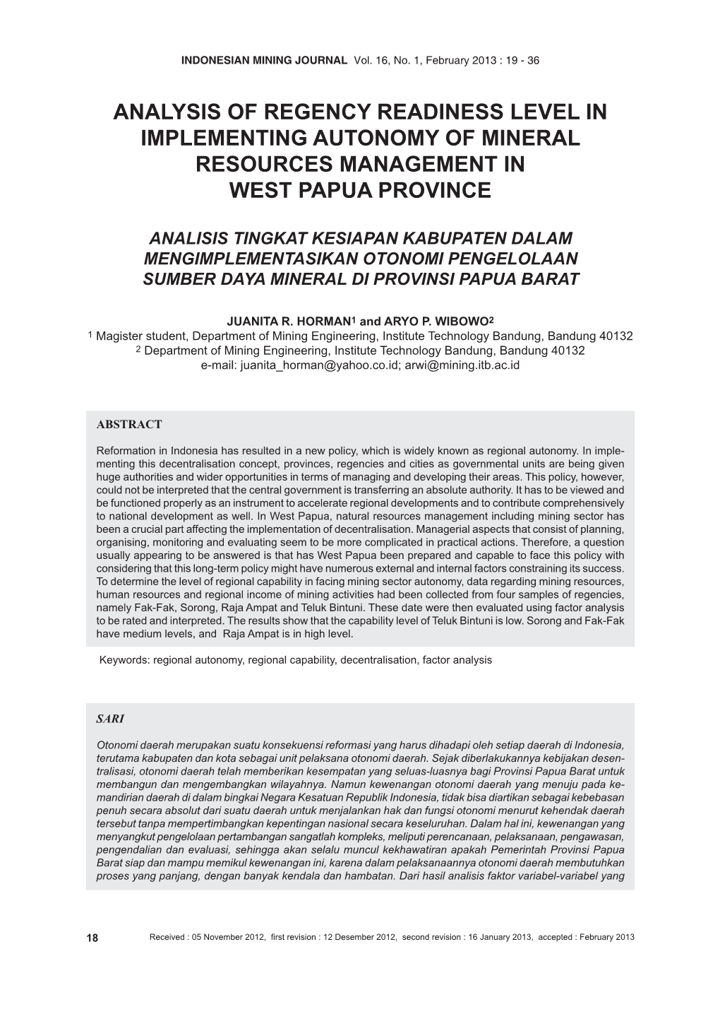 Analysis of Regency Readiness Level in Implementing Autonomy of Mineral Resources Management in West Papua Province