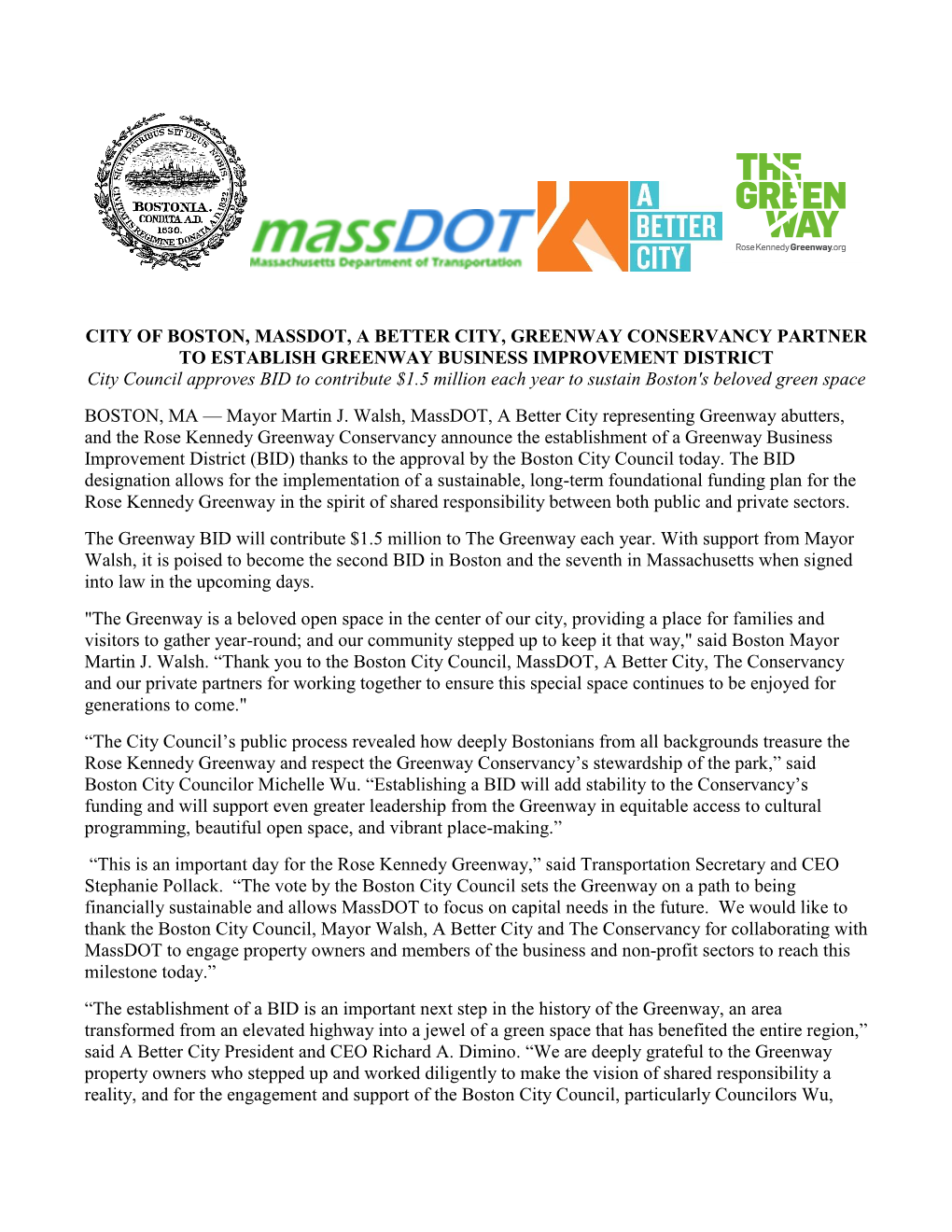 Greenway BID Approval Press Release