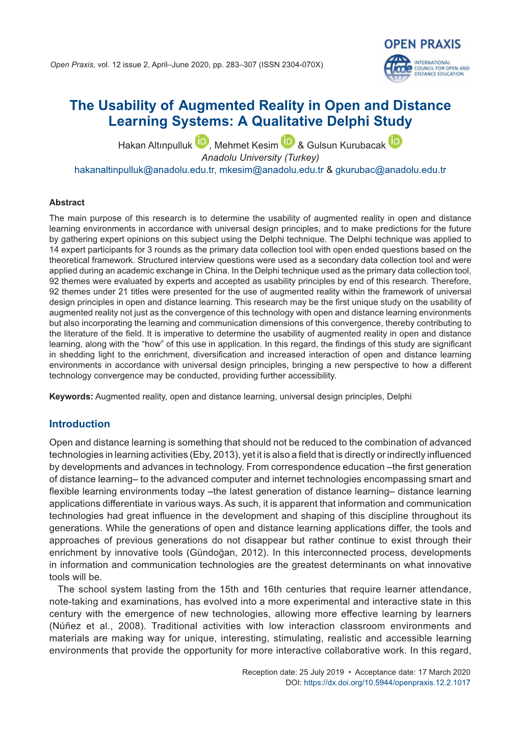 The Usability of Augmented Reality in Open and Distance Learning Systems: a Qualitative Delphi Study