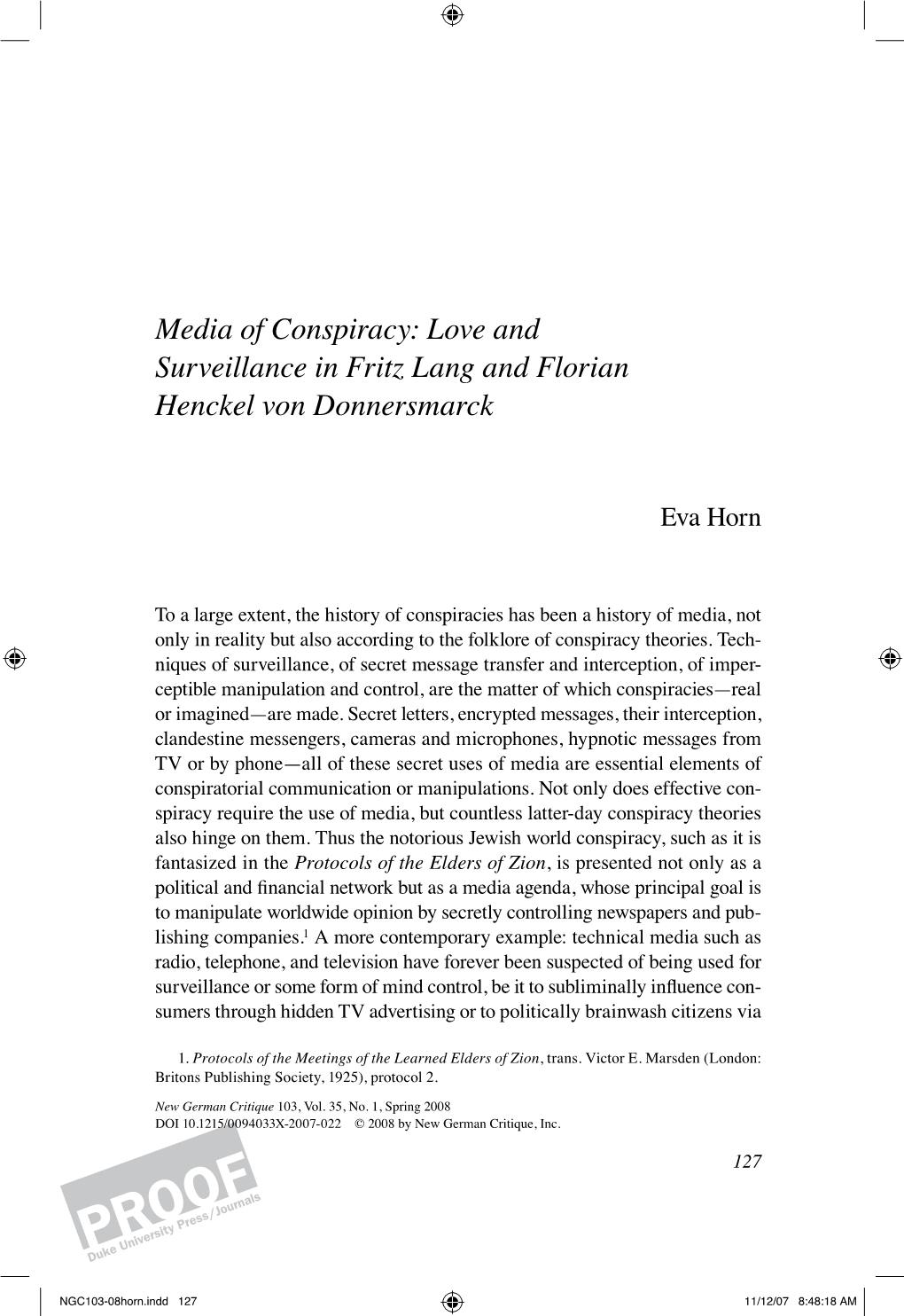Media of Conspiracy: Love and Surveillance in Fritz Lang and Florian Henckel Von Donnersmarck