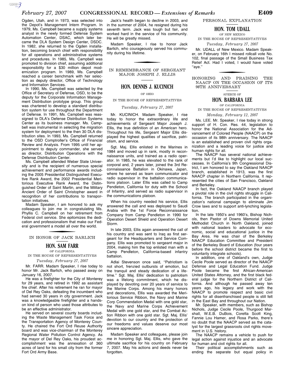 CONGRESSIONAL RECORD— Extensions of Remarks E409 HON. SAM FARR HON. DENNIS J. KUCINICH HON. TOM UDALL HON. BARBARA