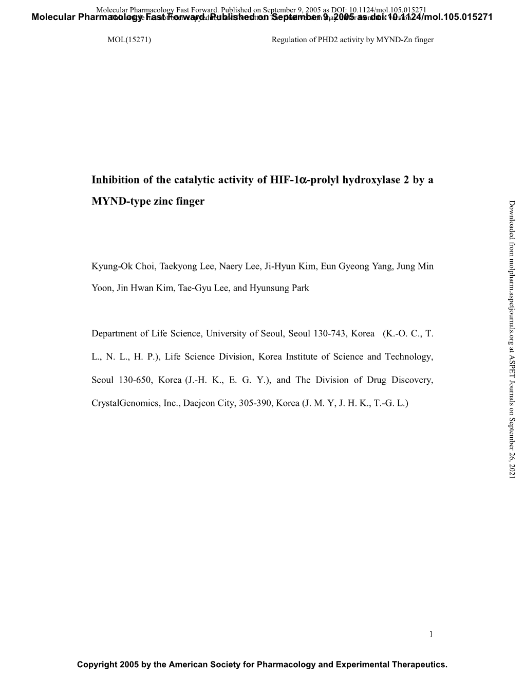 Inhibition of the Catalytic Activity of HIF-1Α-Prolyl Hydroxylase 2 by a MYND-Type Zinc Finger