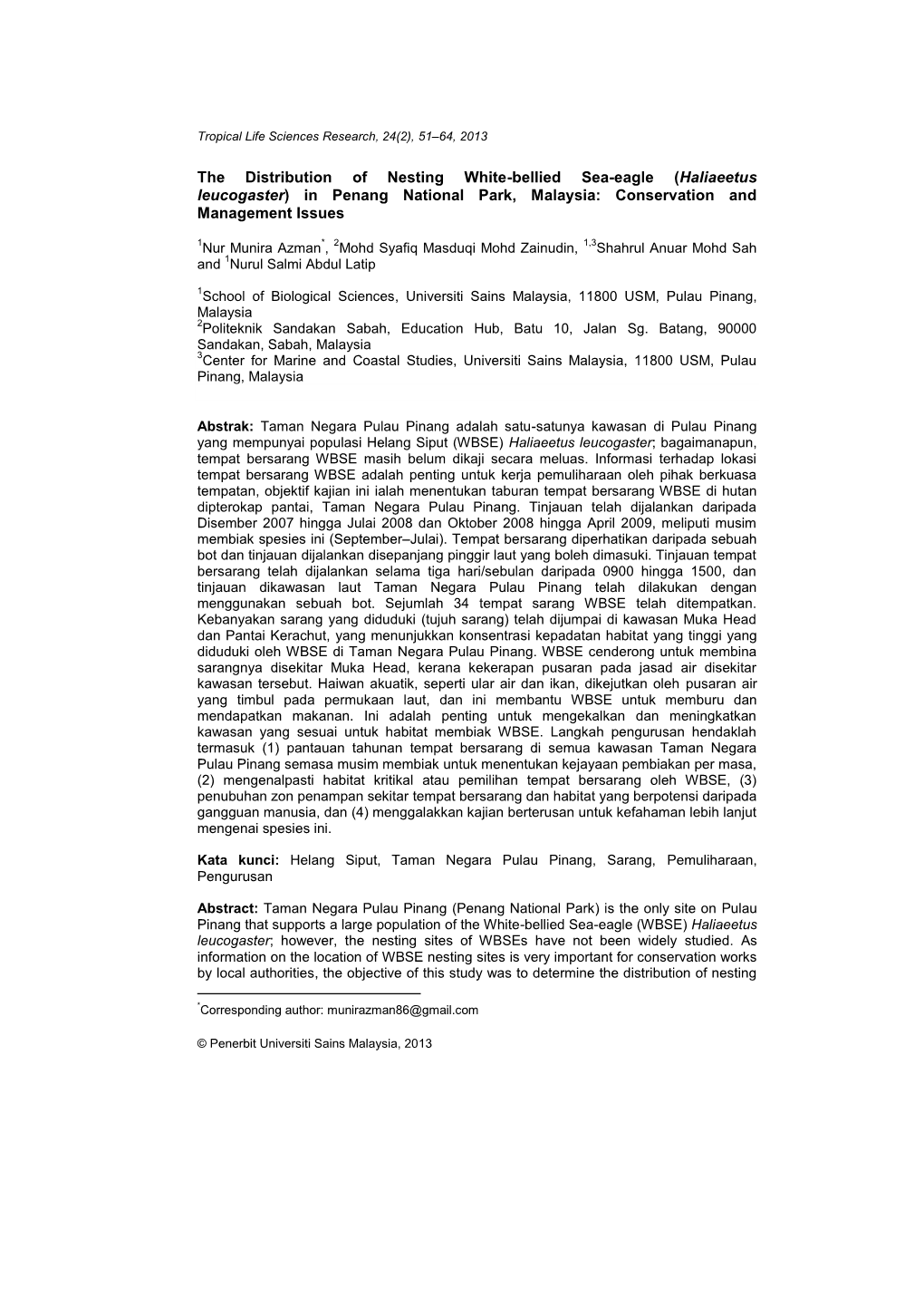 The Distribution of Nesting White-Bellied Sea-Eagle (Haliaeetus Leucogaster) in Penang National Park, Malaysia: Conservation and Management Issues