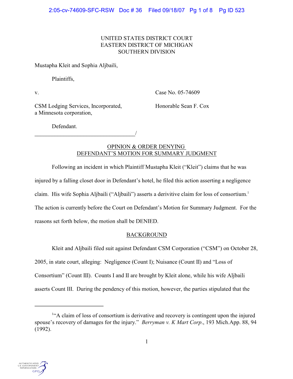 2:05-Cv-74609-SFC-RSW Doc # 36 Filed 09/18/07 Pg 1 of 8 Pg ID 523