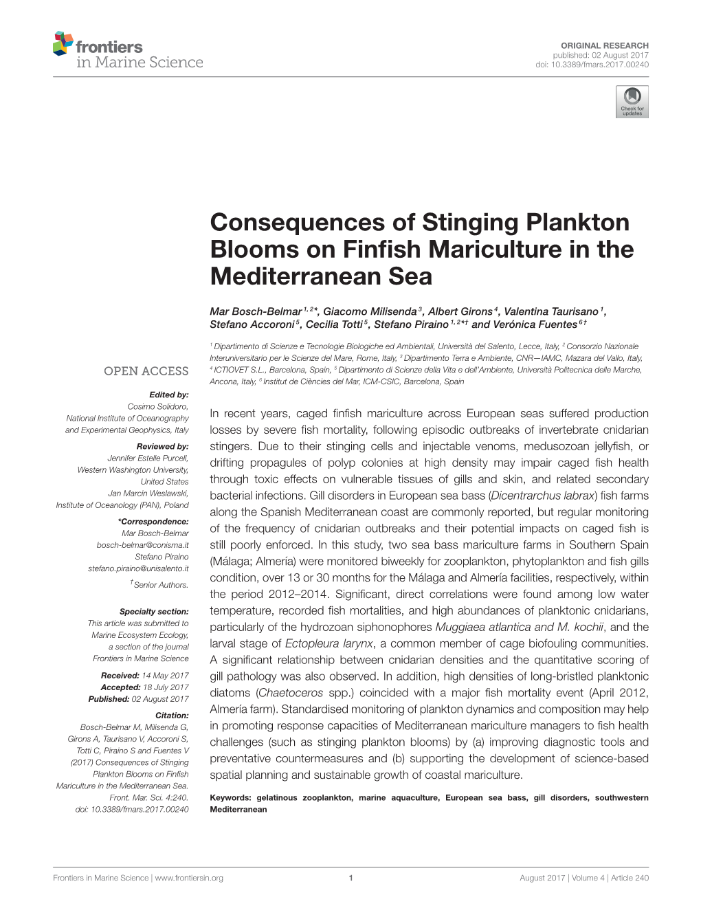 Consequences of Stinging Plankton Blooms on Finfish Mariculture in The