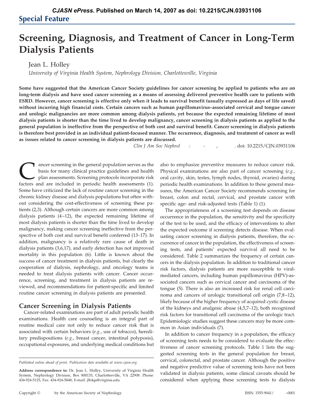 Screening, Diagnosis, and Treatment of Cancer in Long-Term Dialysis Patients