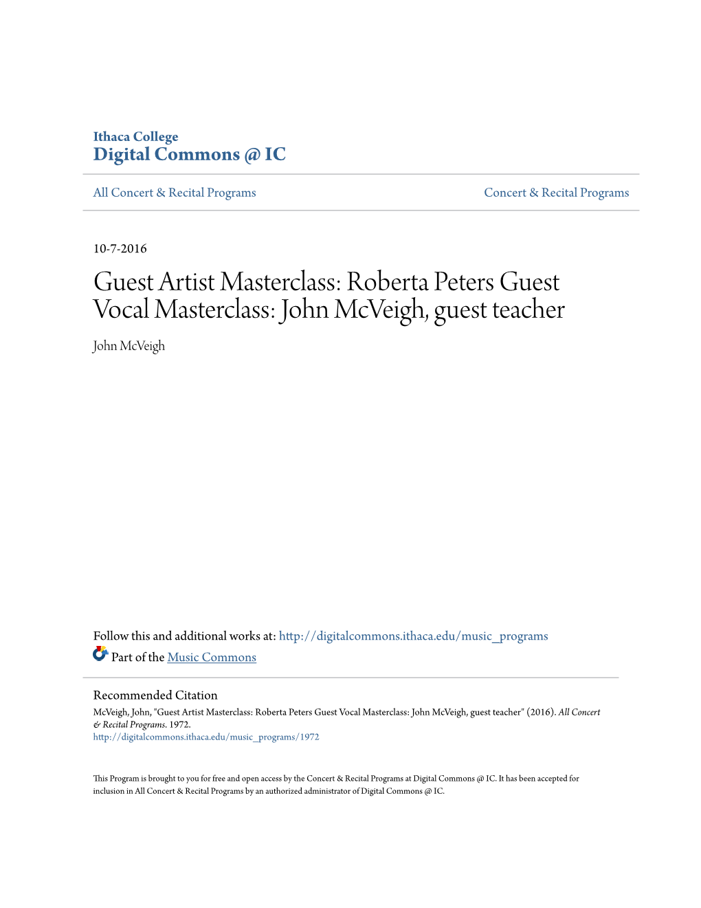 Roberta Peters Guest Vocal Masterclass: John Mcveigh, Guest Teacher John Mcveigh