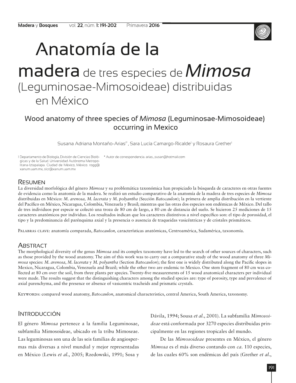 Anatomía De La Madera De Tres Especies De Mimosa (Leguminosae-Mimosoideae) Distribuidas En México