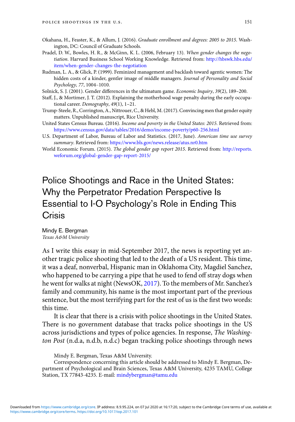 Police Shootings and Race in the United States: Why the Perpetrator Predation Perspective Is Essential to I-O Psychology’S Role in Ending This Crisis