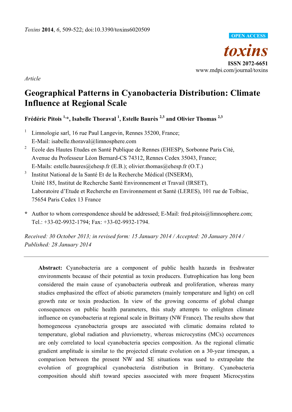 Geographical Patterns in Cyanobacteria Distribution: Climate Influence at Regional Scale