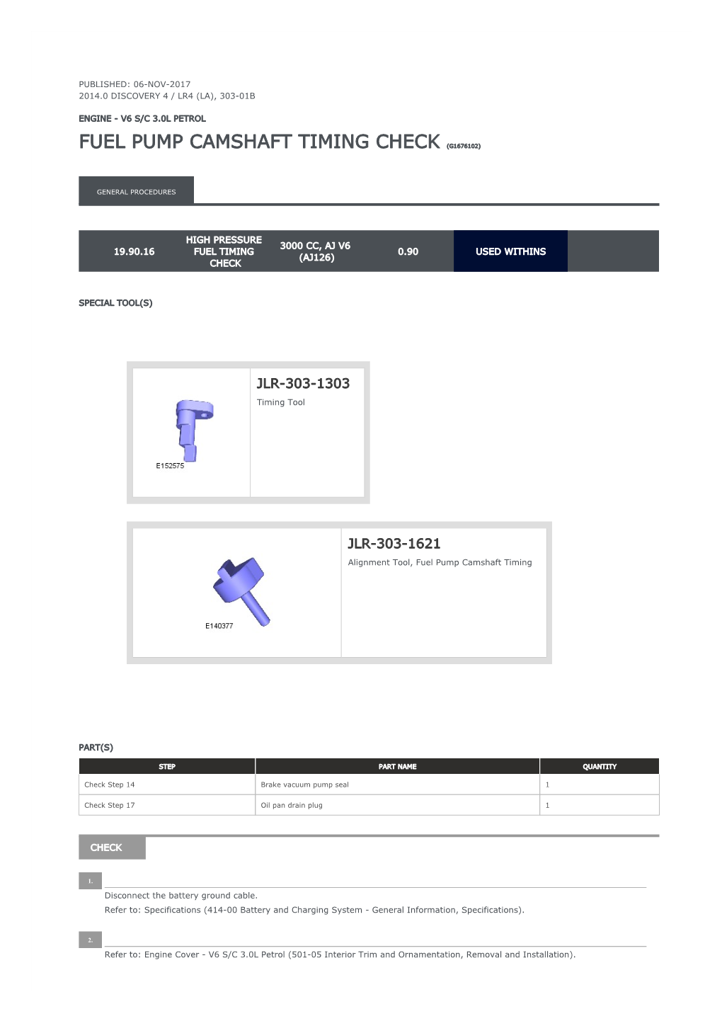 Fuel Pump Camshaft Timing Check (G1676102)