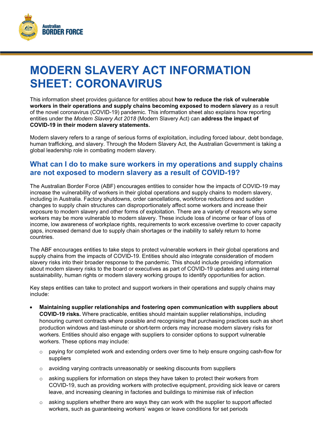 Modern Slavery Act Information Sheet: Coronavirus