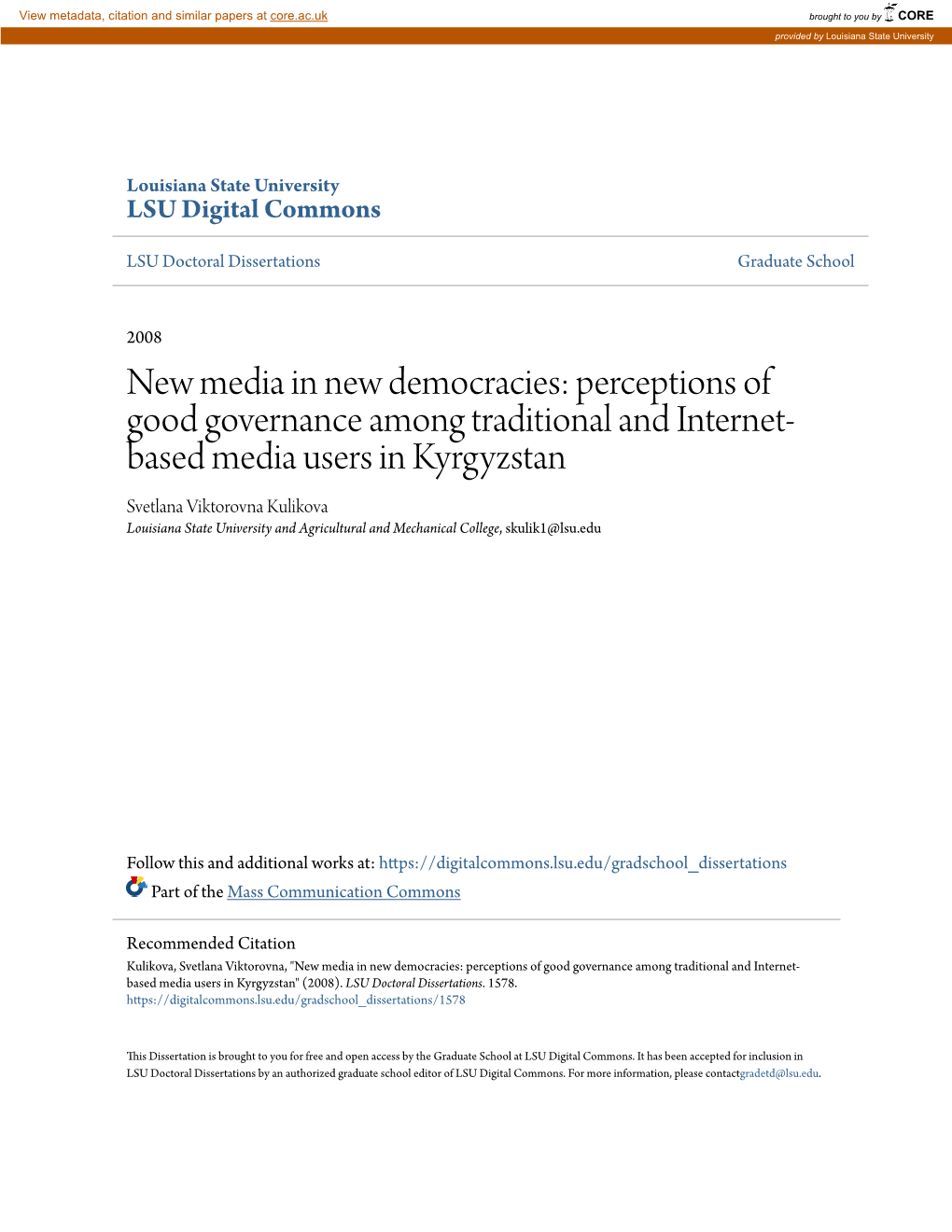 New Media in New Democracies: Perceptions of Good Governance