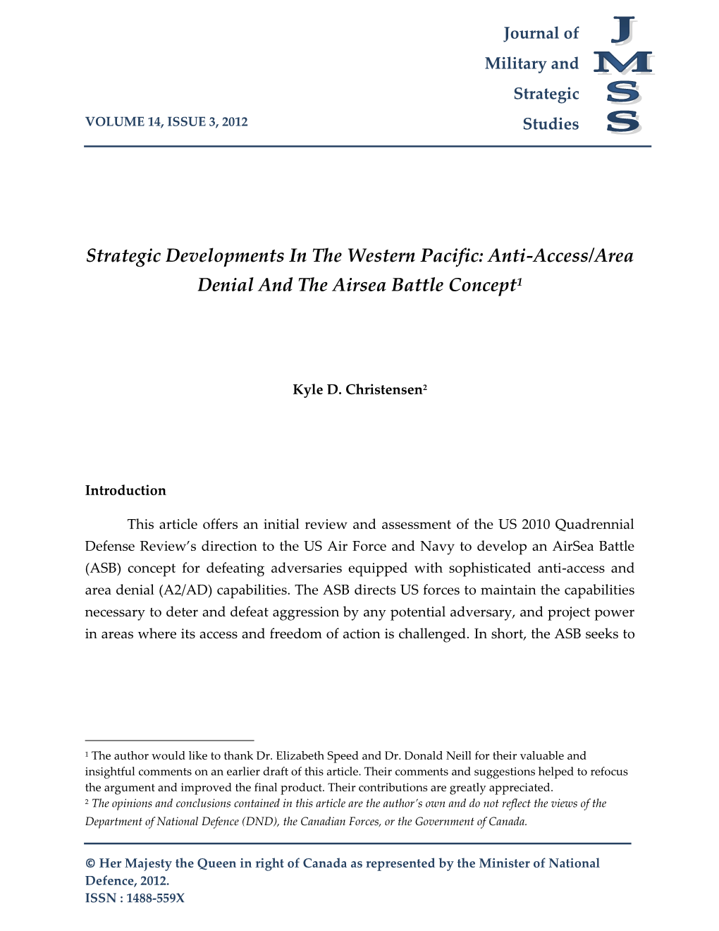 Strategic Developments in the Western Pacific: Anti-Access/Area Denial and the Airsea Battle Concept1