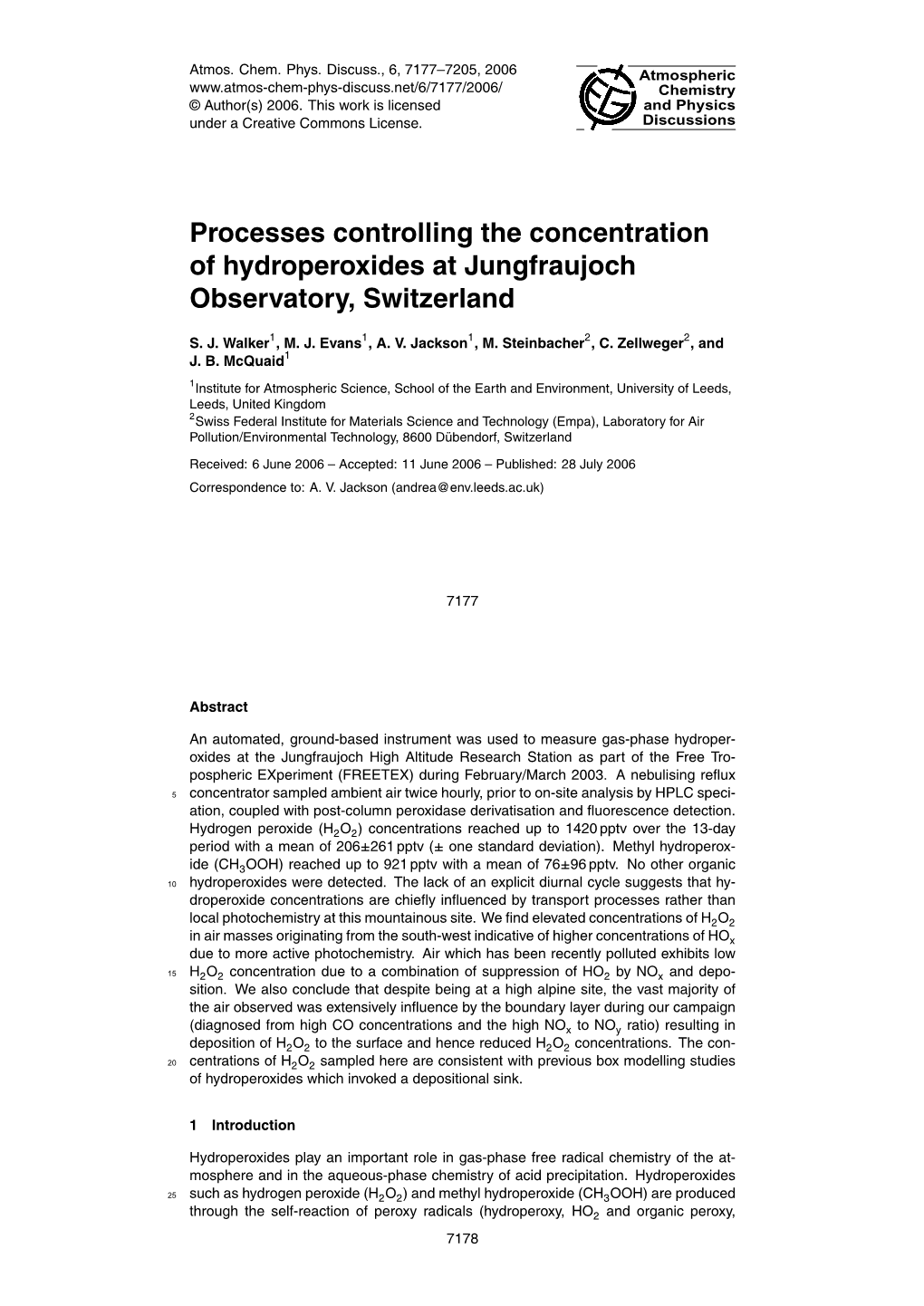 Processes Controlling the Concentration of Hydroperoxides at Jungfraujoch Observatory, Switzerland