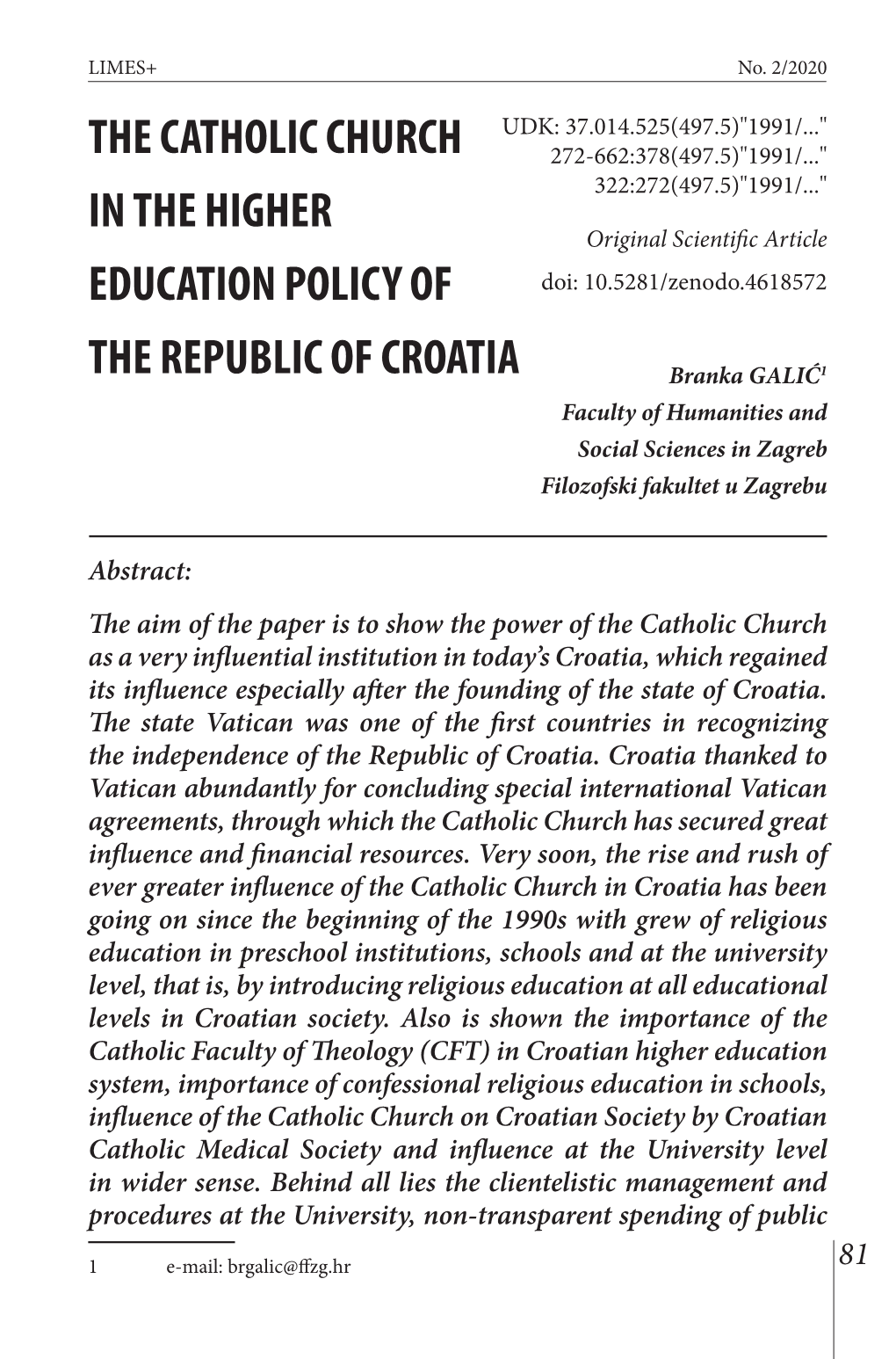 The Catholic Church in the Higher Education Policy of the Republic of Croatia