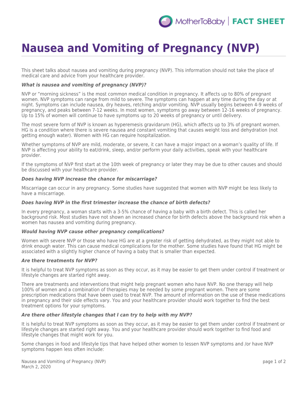 Nausea and Vomiting of Pregnancy (NVP)