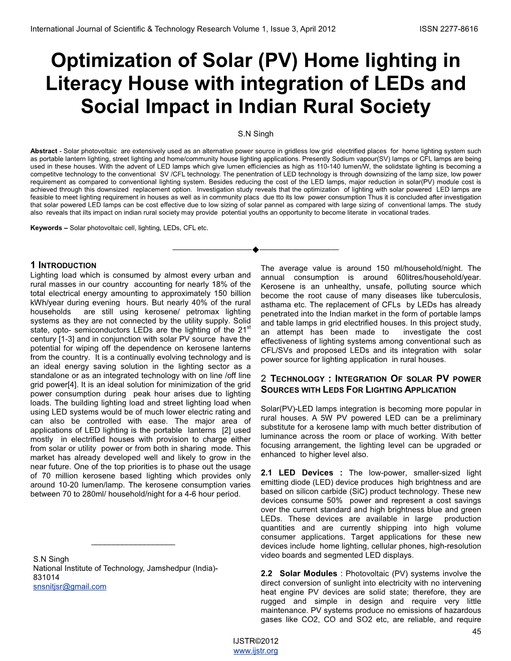 Optimization of Solar (PV) Home Lighting in Literacy House with Integration of Leds and Social Impact in Indian Rural Society