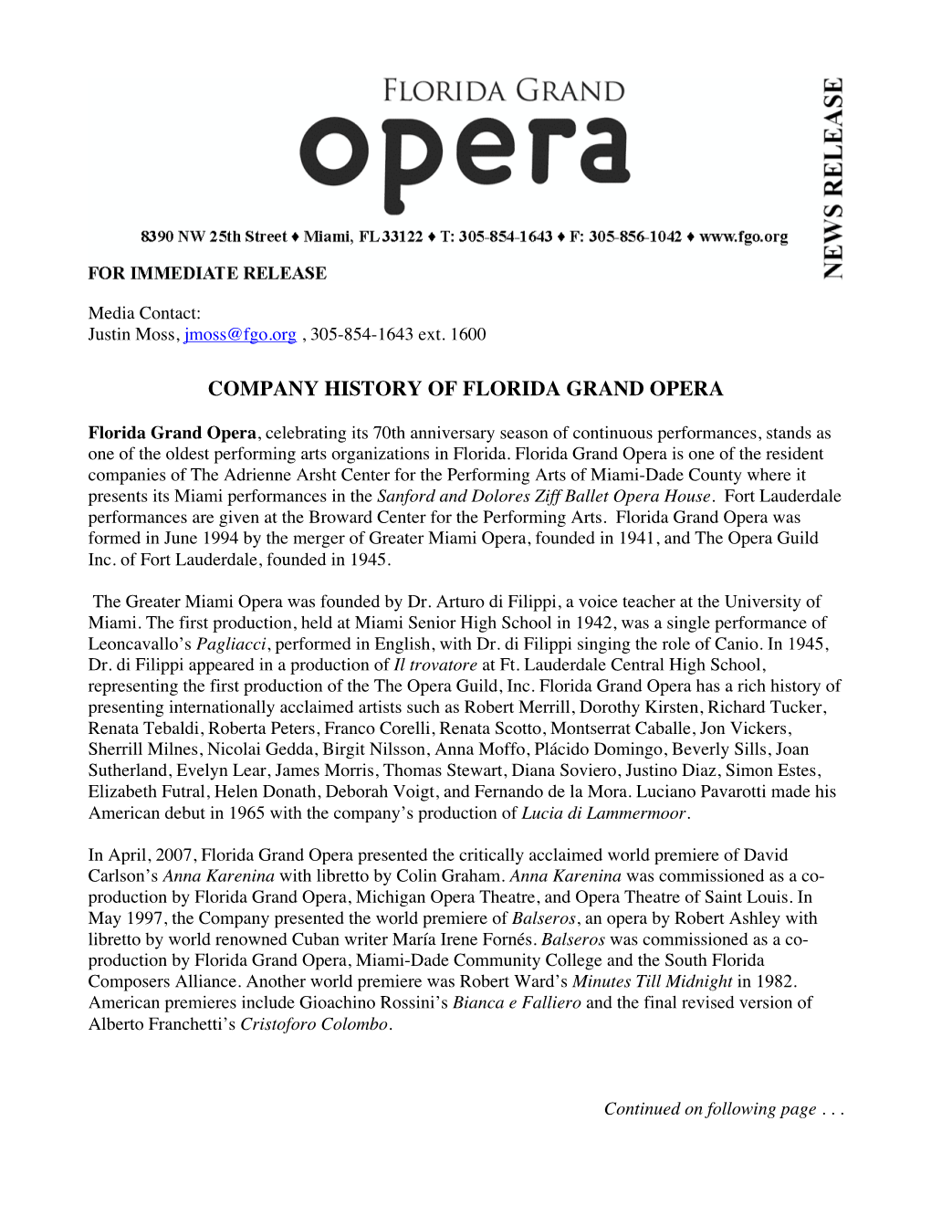 Company History of Florida Grand Opera