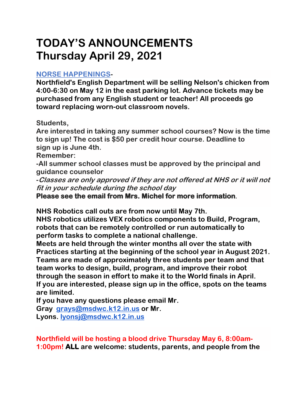 TODAY's ANNOUNCEMENTS Thursday April 29, 2021