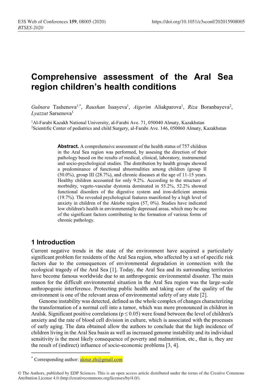 Comprehensive Assessment of the Aral Sea Region Children's Health