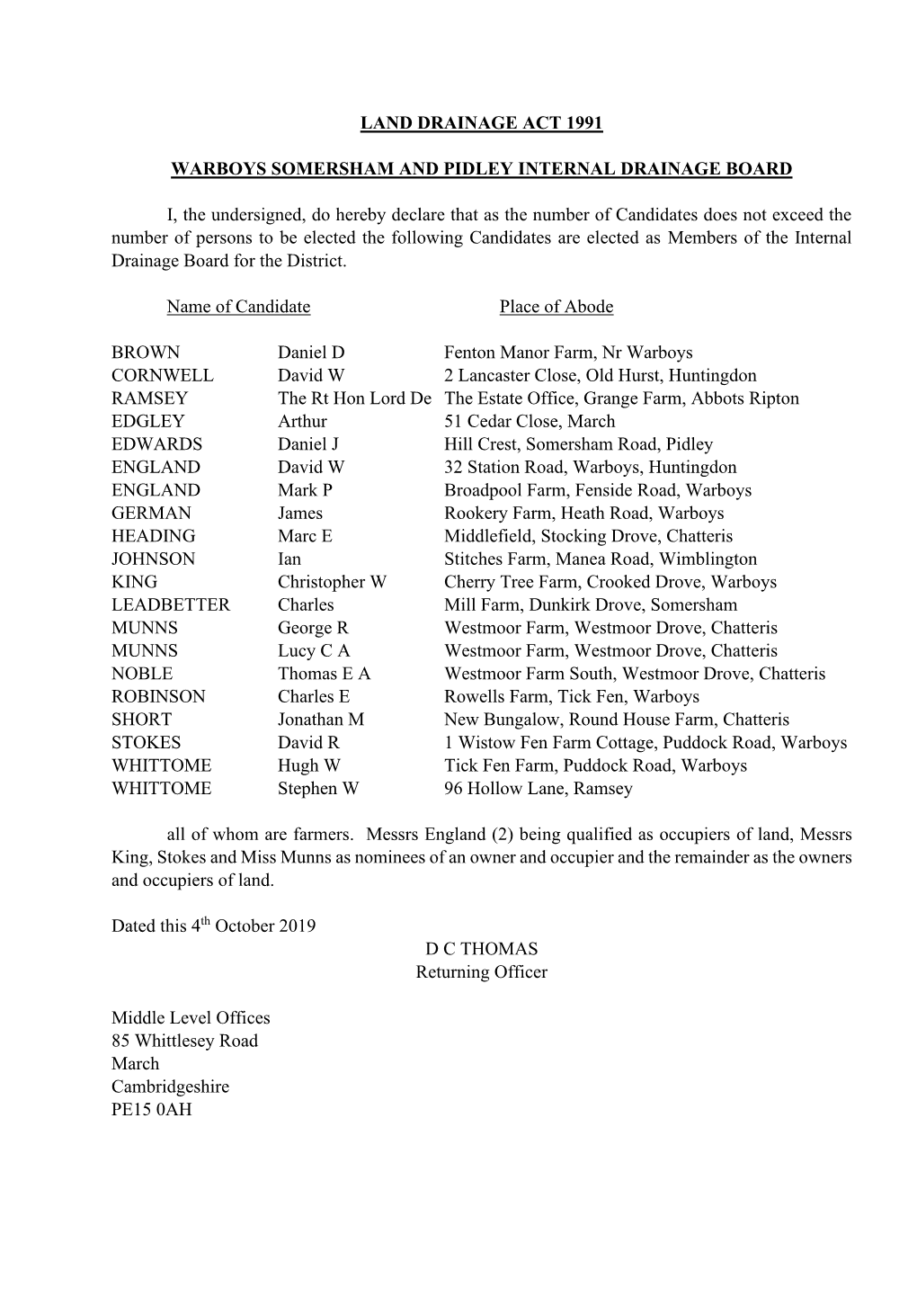 Land Drainage Act 1991 Warboys Somersham And