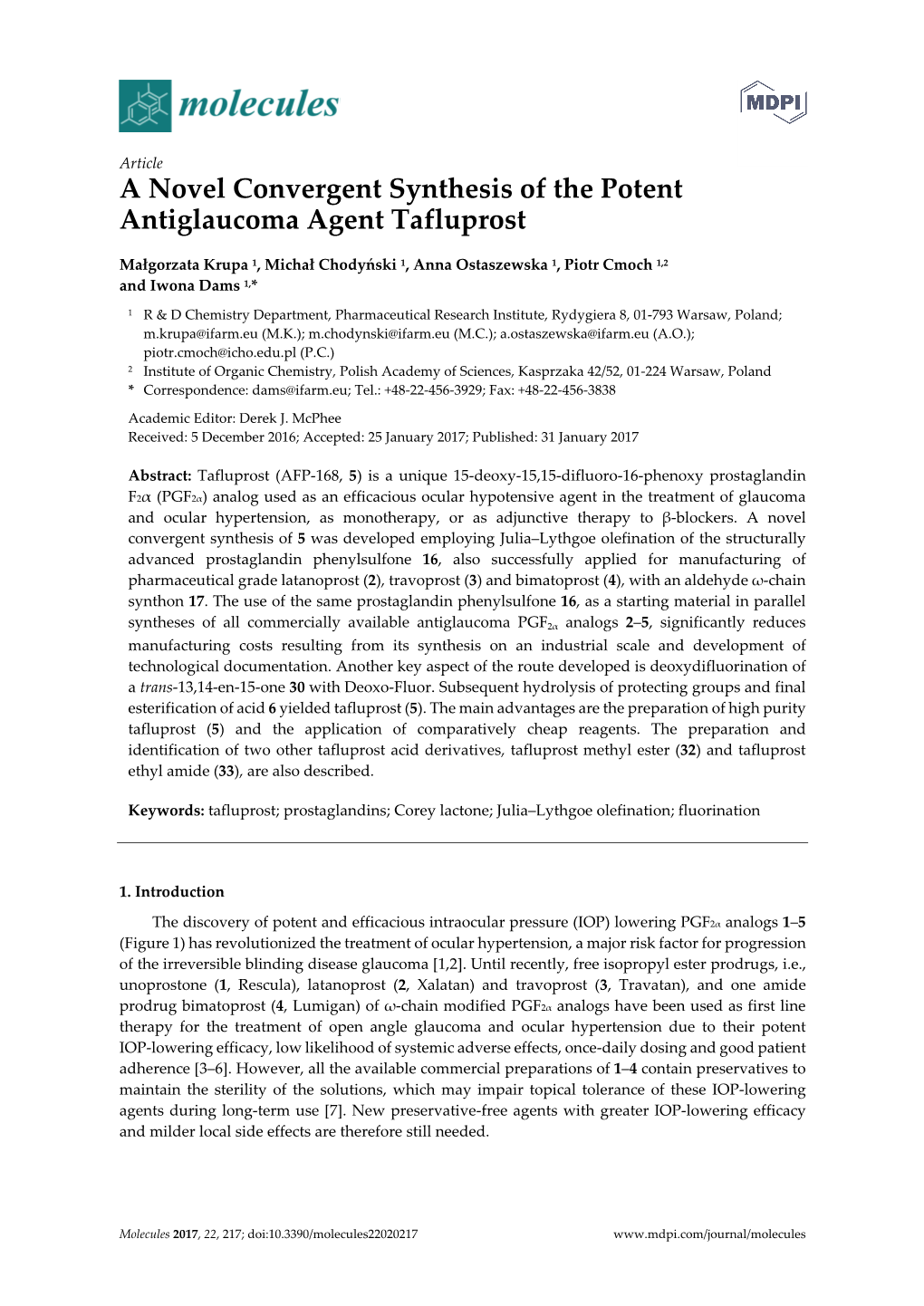 A Novel Convergent Synthesis of the Potent Antiglaucoma Agent Tafluprost