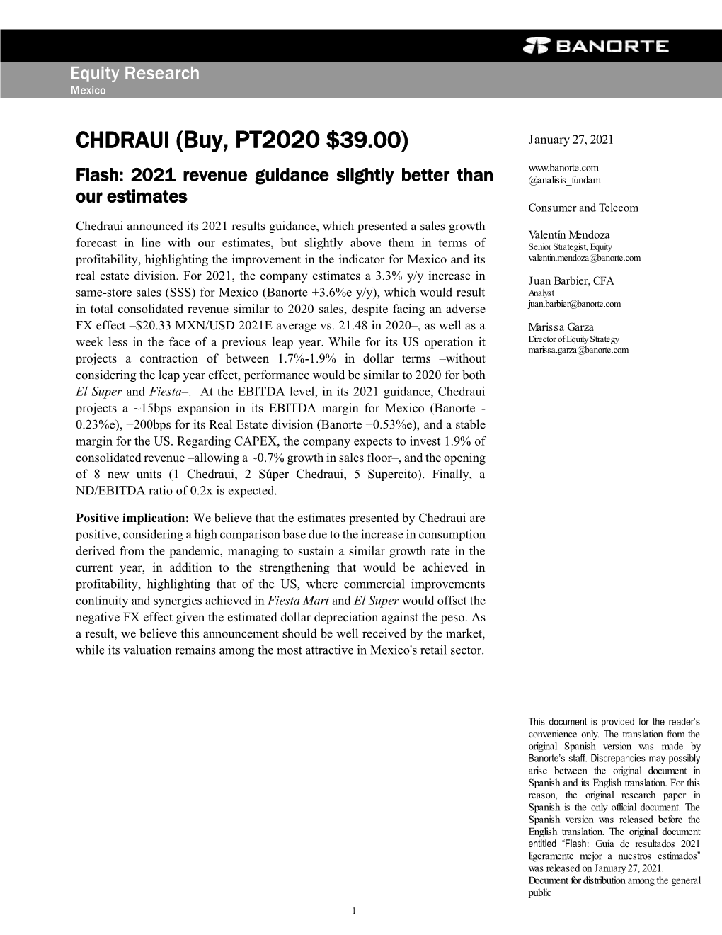 CHDRAUI (Buy, PT2020 $39.00) January 27, 2021