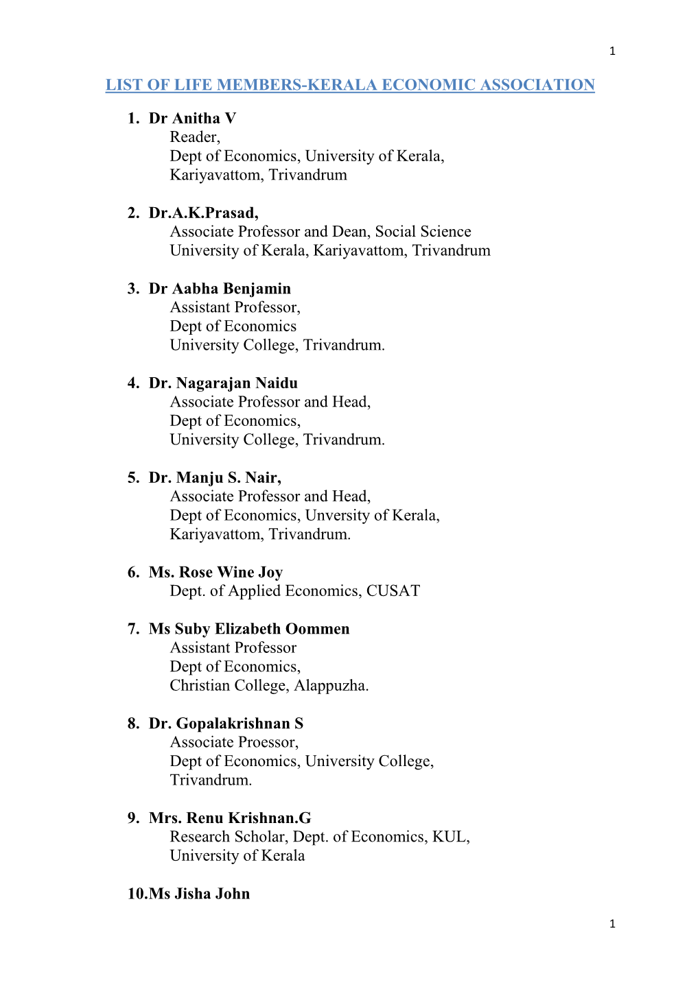 List of Life Members-Kerala Economic Association