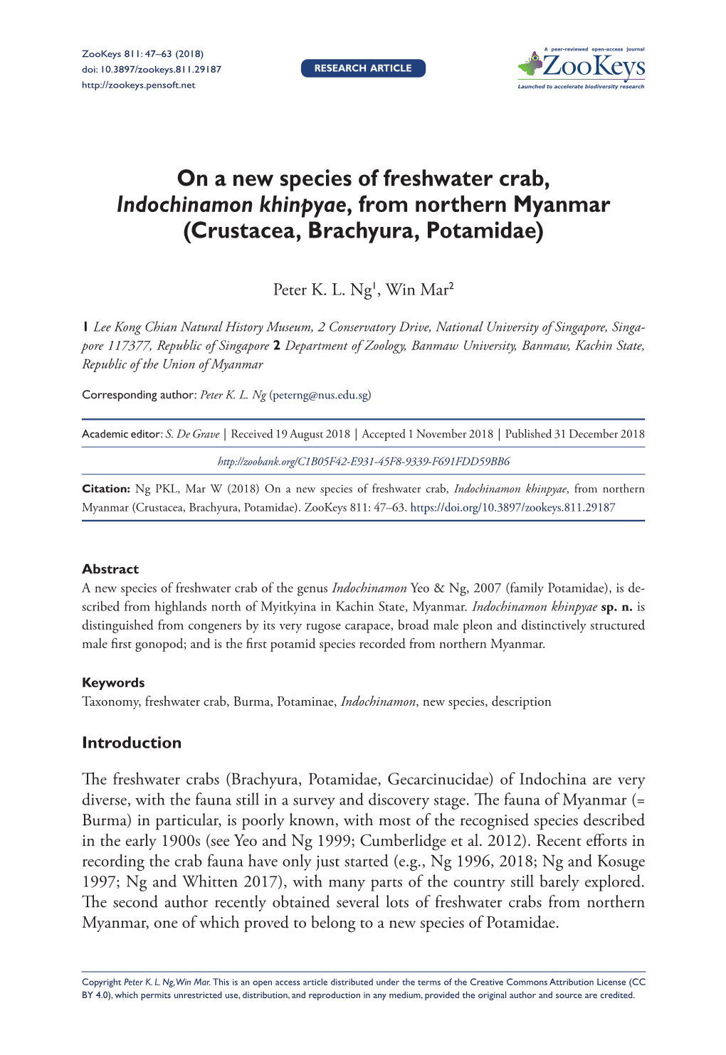 On a New Species of Freshwater Crab, Indochinamon Khinpyae, from Northern Myanmar (Crustacea, Brachyura, Potamidae)