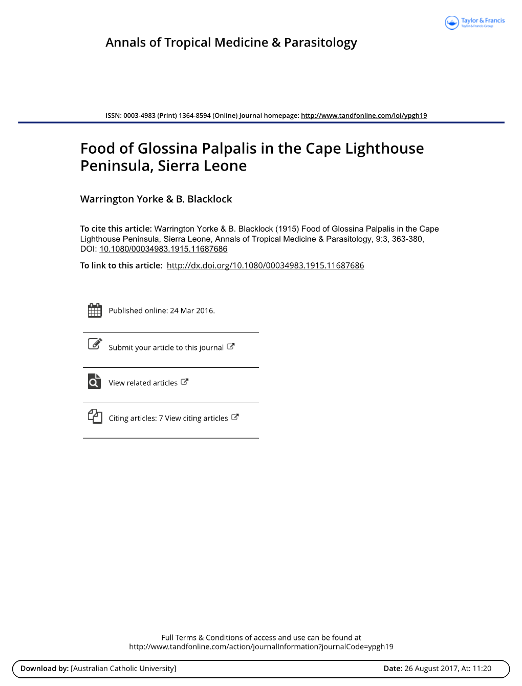 Food of Glossina Palpalis in the Cape Lighthouse Peninsula, Sierra Leone