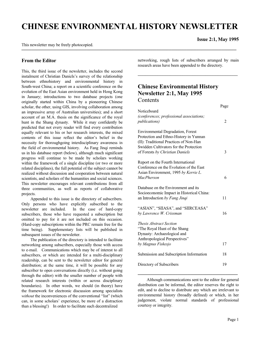 Chinese Environmental History Newsletter