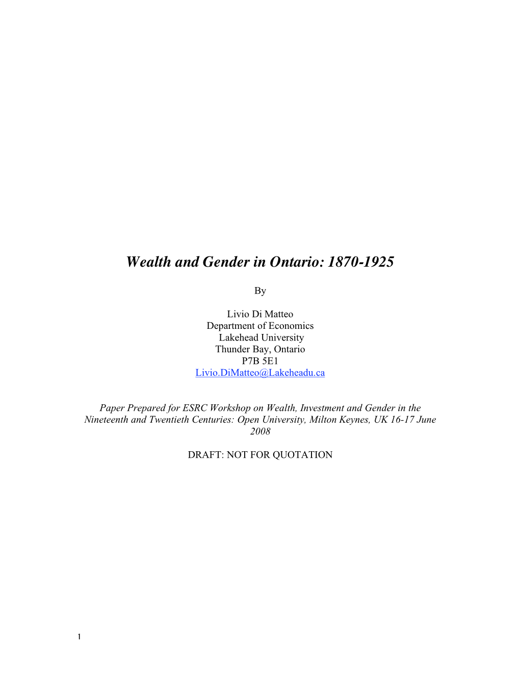 Wealth and Gender in Ontario: 1870-1925