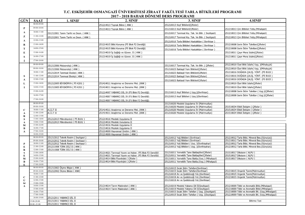 T.C. Eskişehir Osmangazi Üniversitesi Ziraat Fakültesi Tarla Bitkileri Programi 2017 - 2018 Bahar Dönemi Ders Programi Gün Saat 1