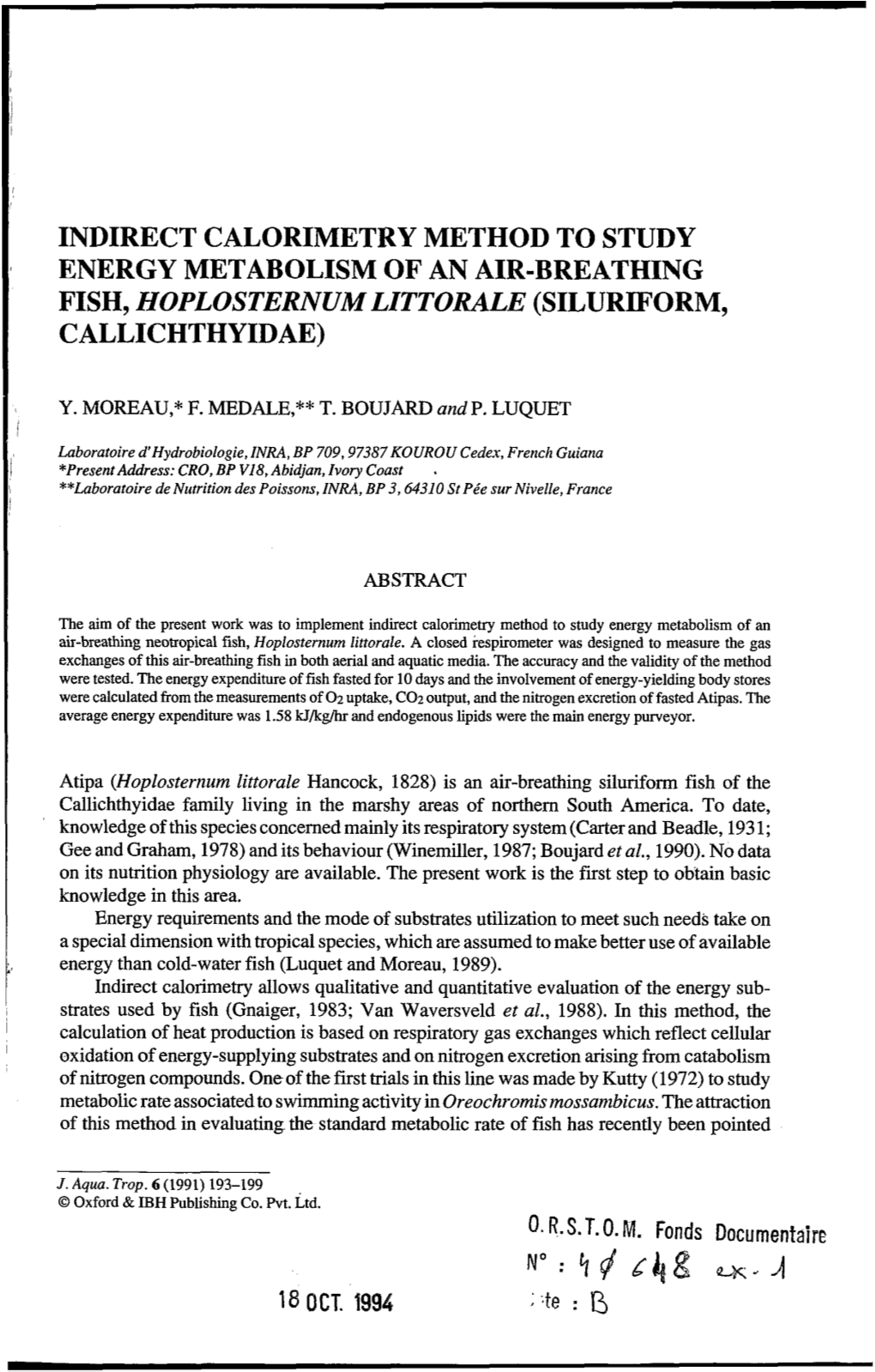 Indirect Calorimetry Method to Study Energy Metabolism of an Air-Breathing Fish, Hoplosternum Littorale (Silurif'orm, Callichthyidae)