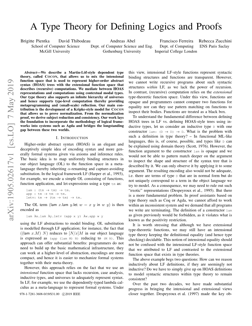 A Type Theory for Defining Logics and Proofs