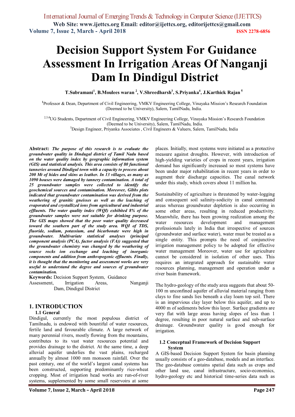 Decision Support System for Guidance Assessment in Irrigation Areas of Nanganji Dam in Dindigul District