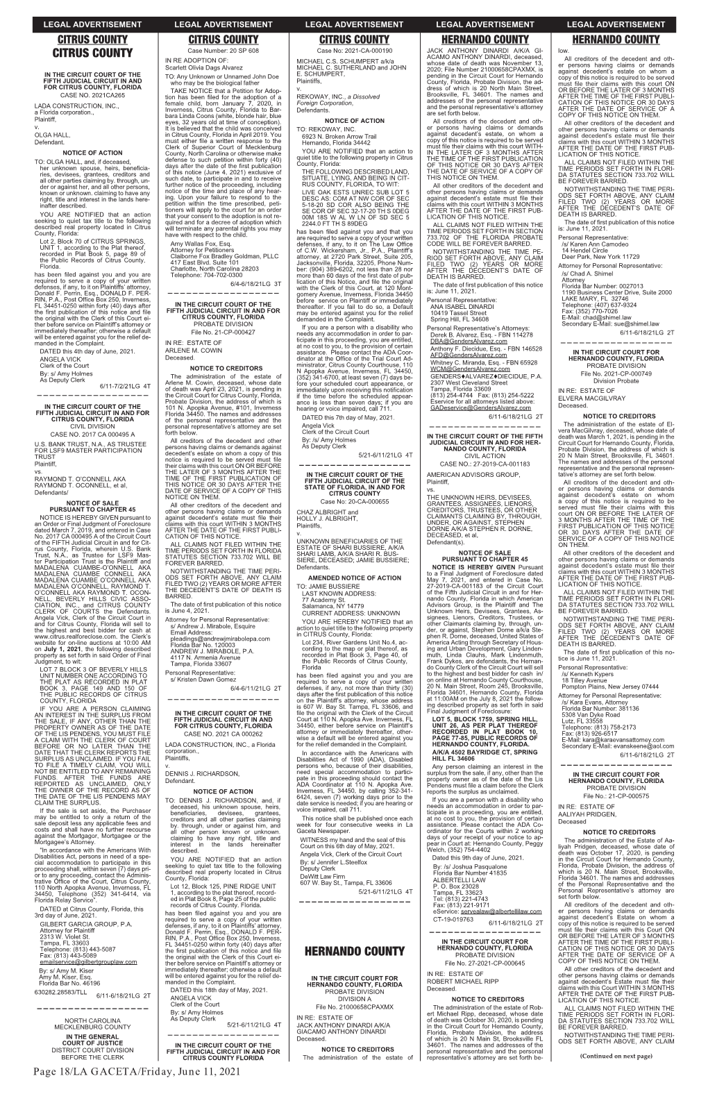 CITRUS COUNTY HERNANDO COUNTY HERNANDO COUNTY CITRUS COUNTY Case Number: 20 SP 608 Case No: 2021-CA-000190 JACK ANTHONY DINARDI A/K/A GI- Low