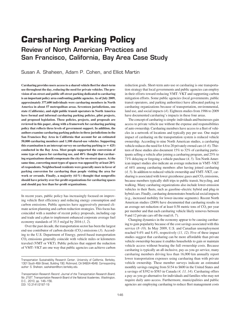 Carsharing Parking Policy Review of North American Practices and San Francisco, California, Bay Area Case Study