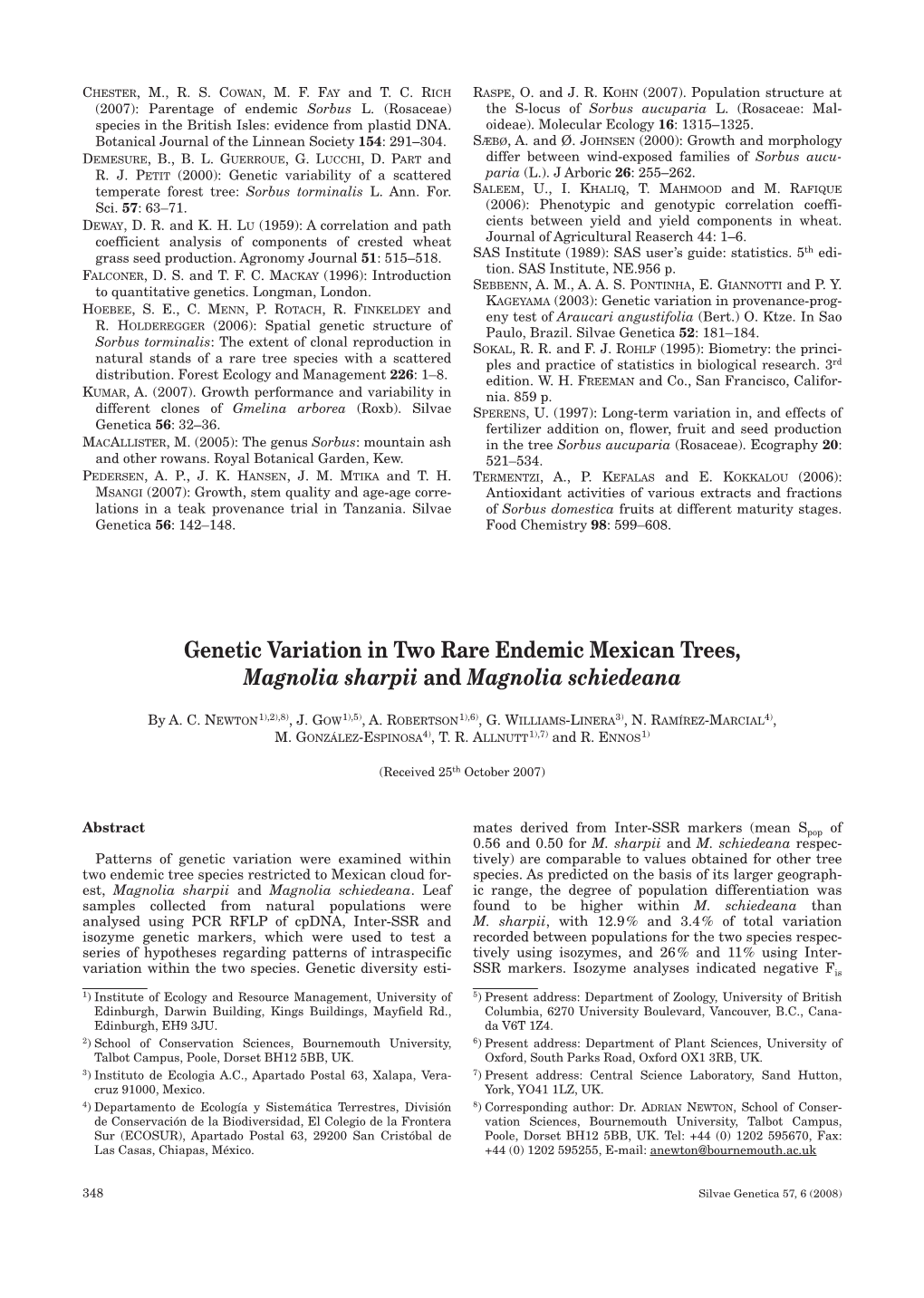 Genetic Variation in Two Rare Endemic Mexican Trees, Magnolia Sharpii and Magnolia Schiedeana