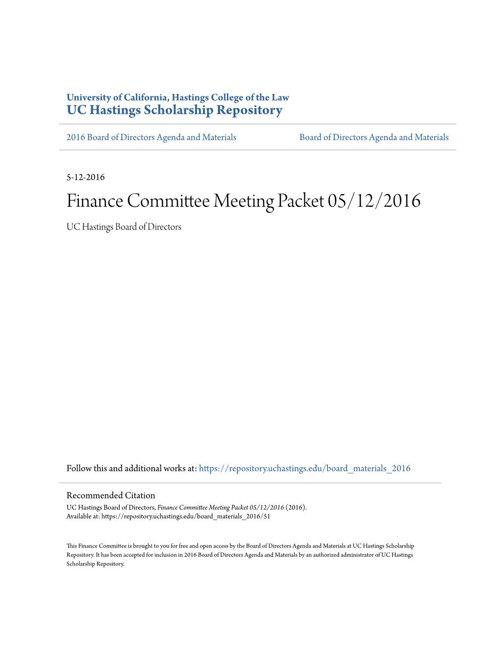 Finance Committee Meeting Packet 05/12/2016 UC Hastings Board of Directors