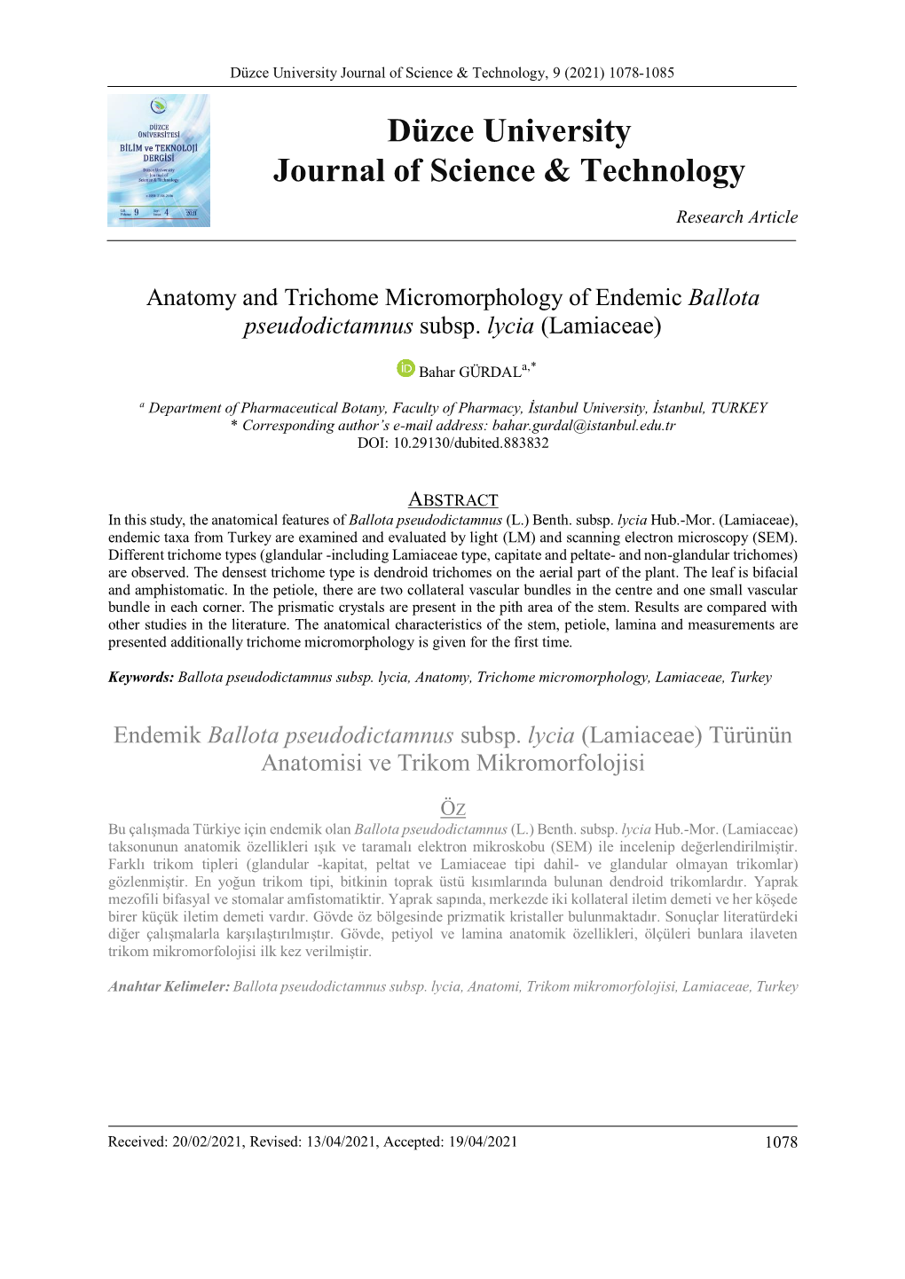 Anatomy and Trichome Micromorphology of Endemic Ballota Pseudodictamnus Subsp