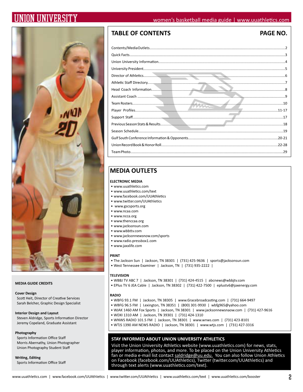 UNION UNIVERSITY Women’S Basketball Media Guide | TABLE of CONTENTS PAGE NO