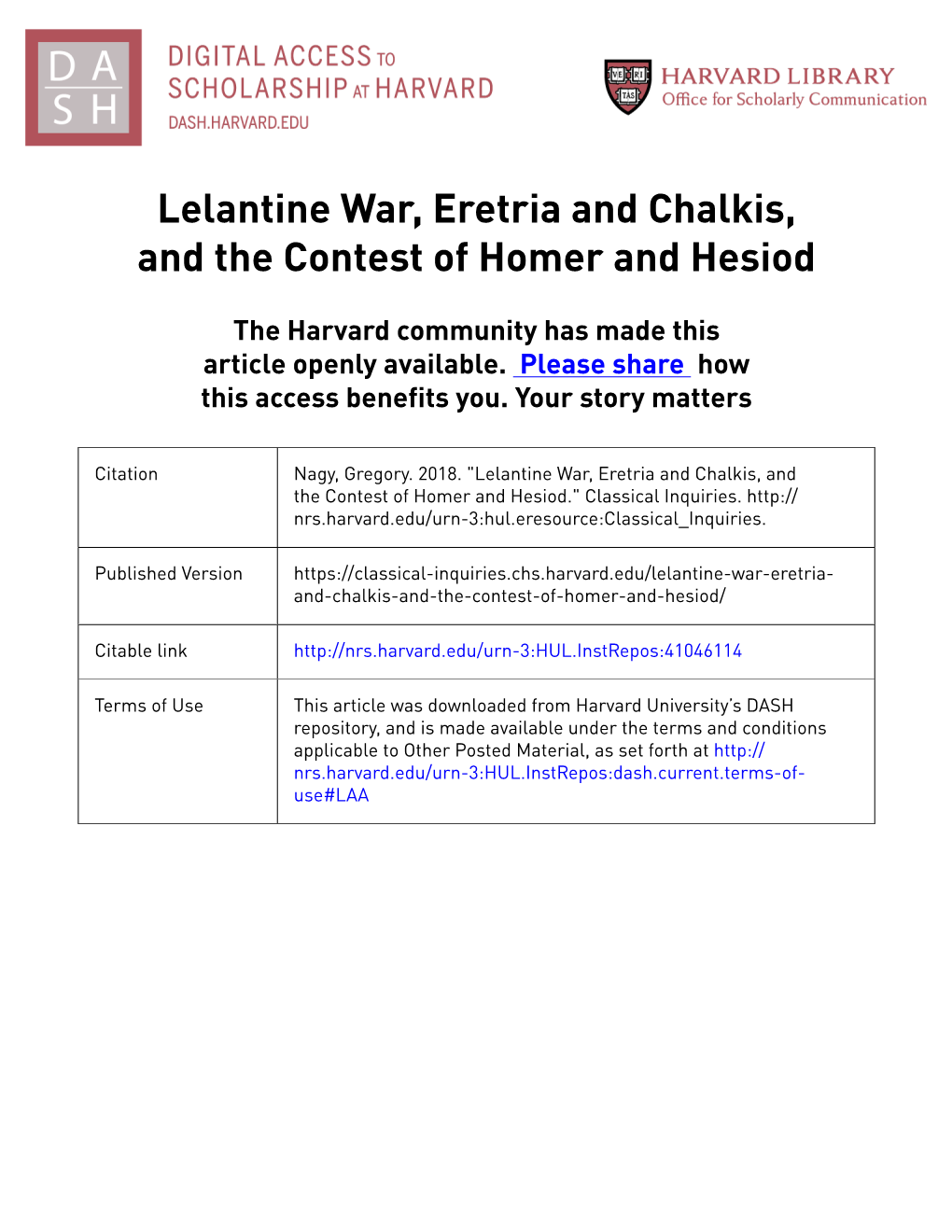 Lelantine War, Eretria and Chalkis, and the Contest of Homer and Hesiod