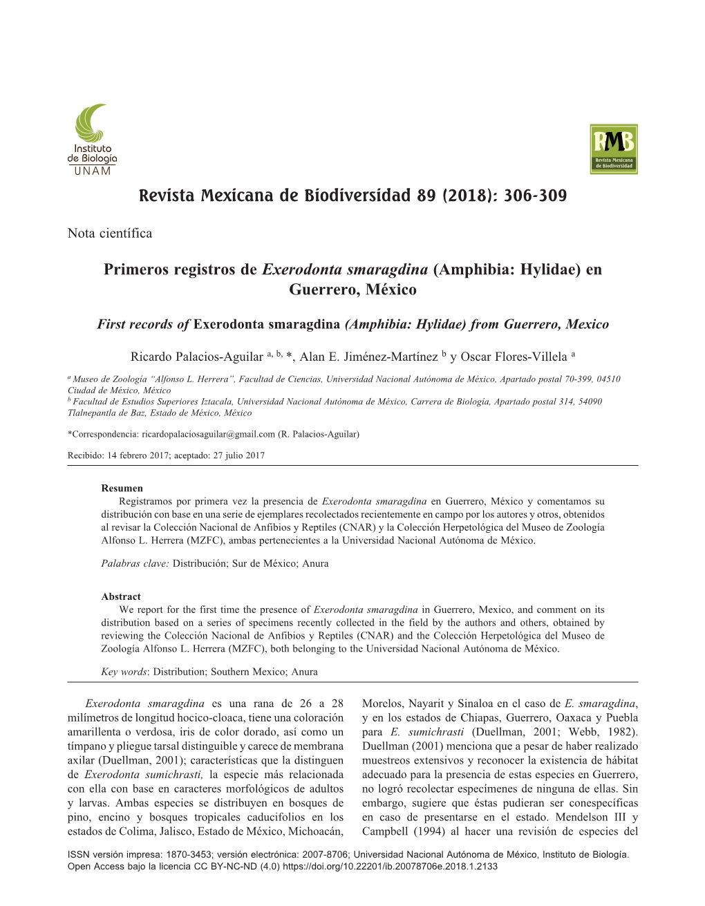 306-309 Primeros Registros De Exerodonta Smaragdina (Amphibia: Hylidae) En Guerrero