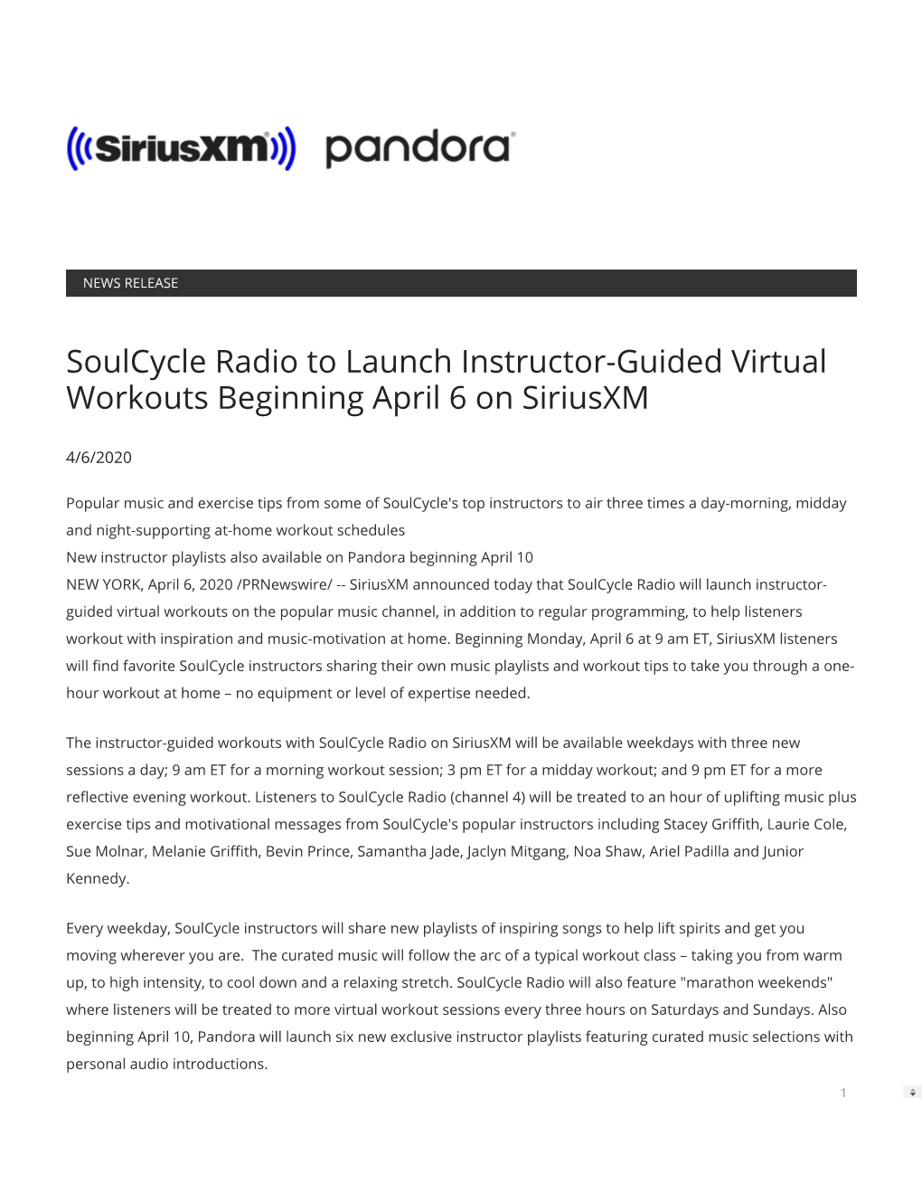 Soulcycle Radio to Launch Instructor-Guided Virtual Workouts Beginning April 6 on Siriusxm
